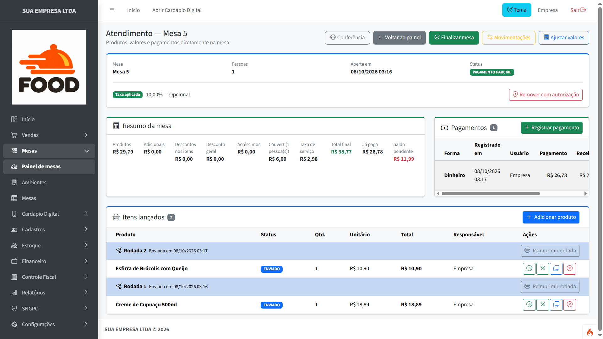 Atendimento e controle de produtos e pagamentos da mesa