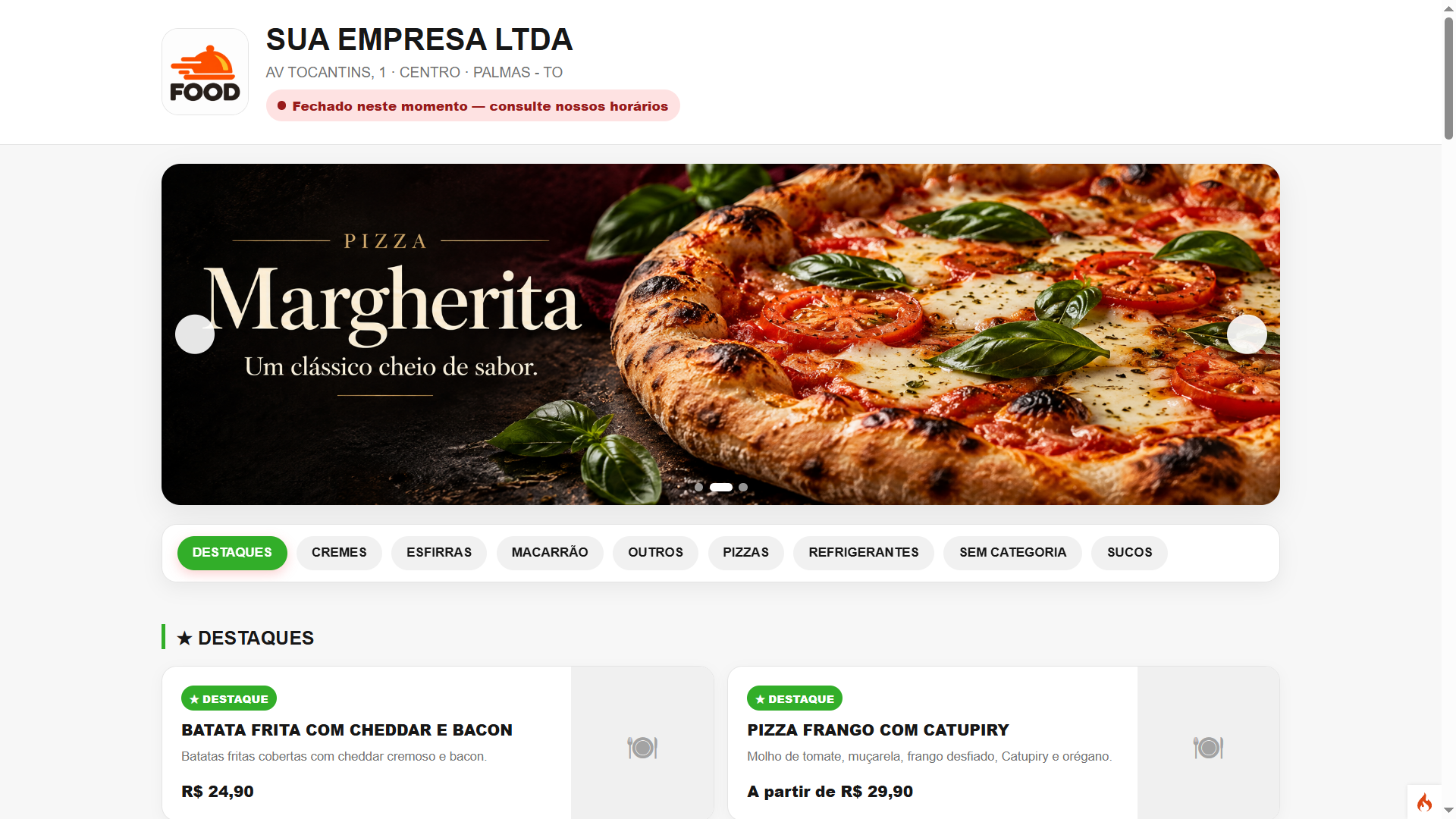 Cardápio digital do ERP SaaS para pedidos online